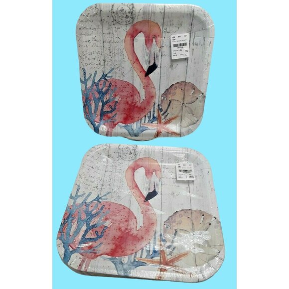 Blueink Studios Flamingo Paper Plates Rustic Seaside  9 inch 2 pkgs 30 plates - Picture 1 of 5